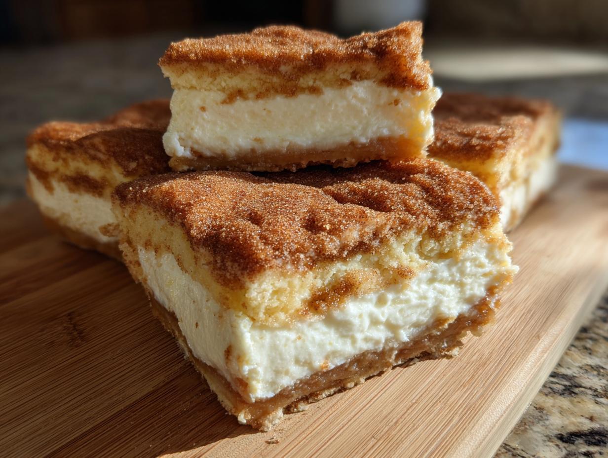 Close-up of stacked sopapilla cheesecake bars showing the thick cream cheese layer and cinnamon sugar topping.