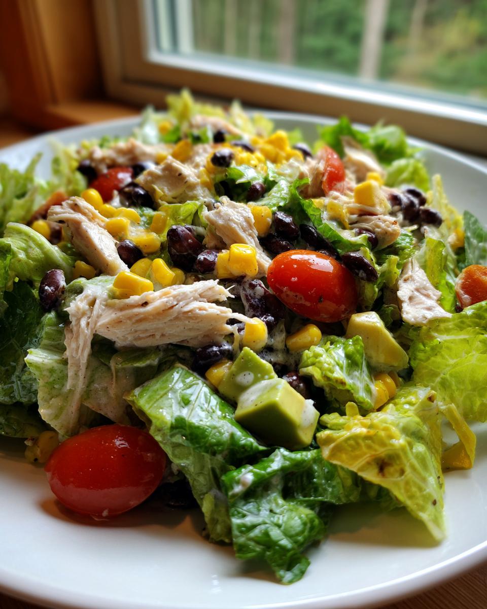 A vibrant close-up of a hearty southwest salad featuring shredded chicken, black beans, corn, avocado, and tomatoes on crisp lettuce.