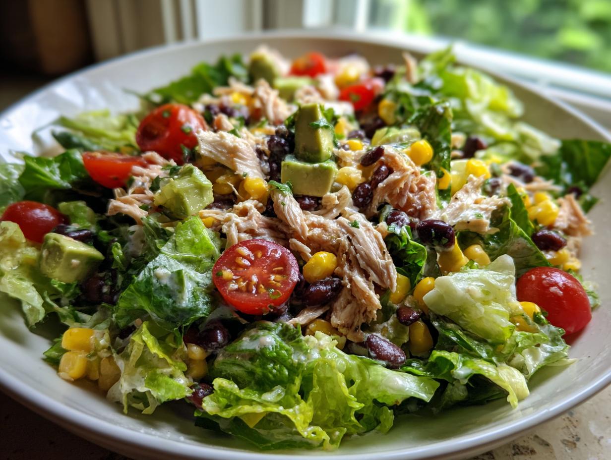 A vibrant bowl of southwest salad featuring shredded chicken, black beans, corn, avocado, and cherry tomatoes over crisp lettuce.