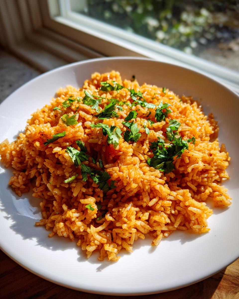 A white plate piled high with fluffy, seasoned Spanish rice, garnished with fresh chopped cilantro.
