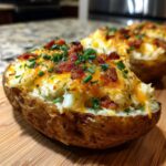 Close-up of a delicious twice baked potato stuffed with creamy filling, melted cheddar cheese, bacon bits, and chives.