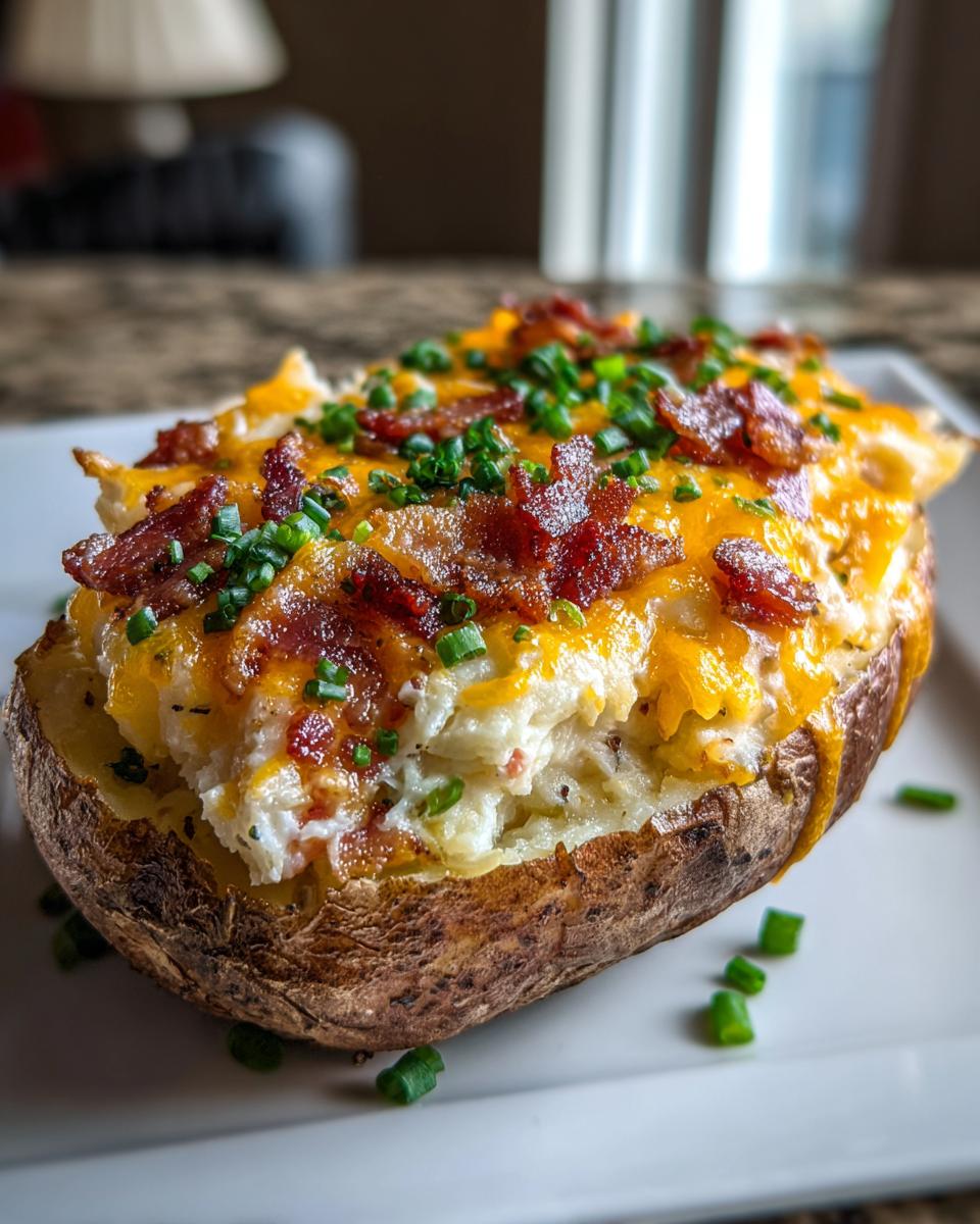 A close-up of a fully loaded twice baked potato topped with melted cheddar cheese, crispy bacon bits, and fresh chives.