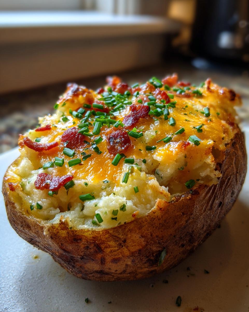 Close-up of a delicious twice baked potato stuffed with creamy filling, topped with melted cheddar cheese, bacon bits, and chives.