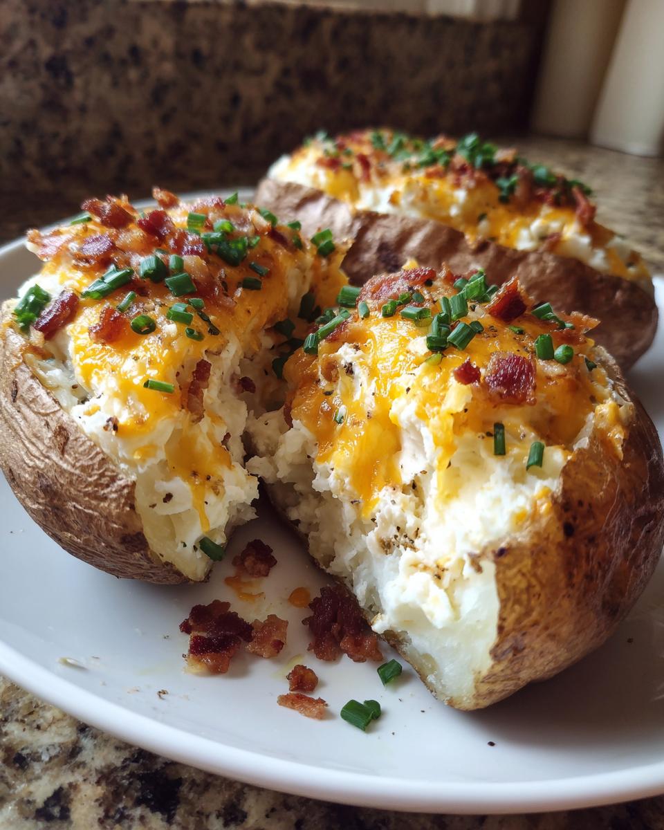 A close-up of one of the amazing twice baked potatoes, split open and filled with creamy potato mixture, melted cheddar cheese, bacon bits, and chives.