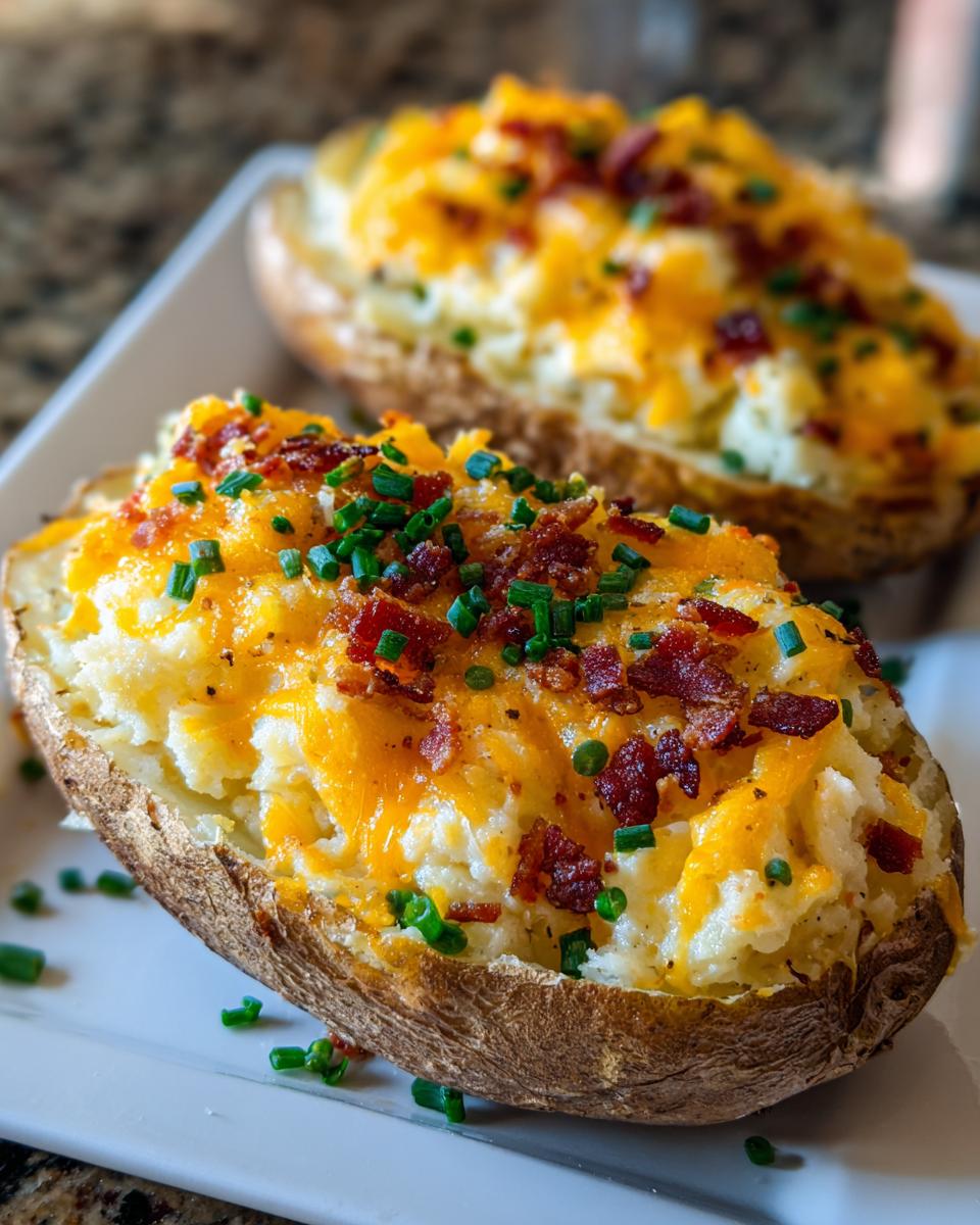 Two amazing twice baked potatoes loaded with melted cheddar cheese, bacon bits, and fresh chives on a white plate.
