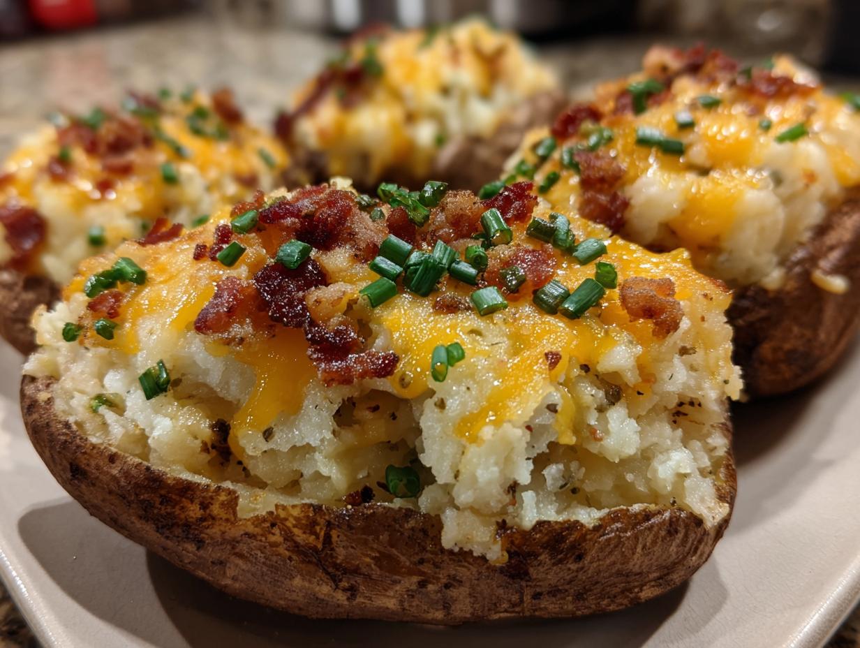 Close-up of a perfectly prepared twice baked potato stuffed with creamy filling, melted cheddar cheese, bacon bits, and chives.