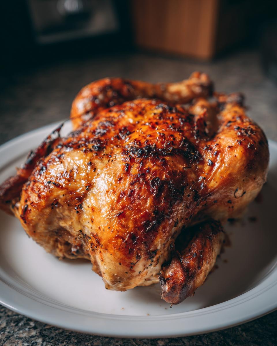 A beautifully roasted whole chicken with golden-brown, crispy skin resting on a white plate.