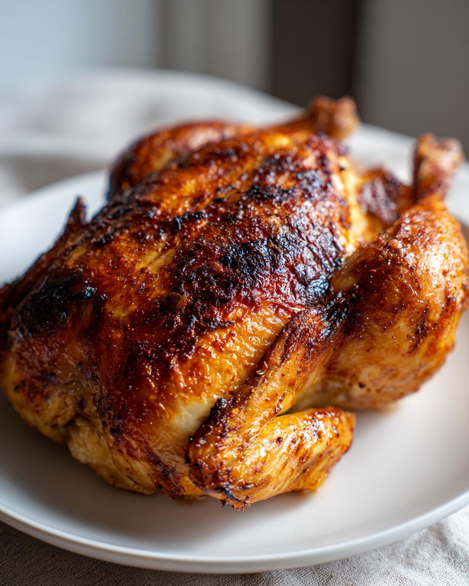 A beautifully roasted whole chicken with dark, crispy, golden-brown skin resting on a white plate.