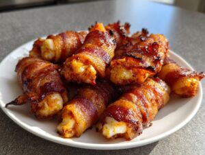 A close-up of several perfectly cooked, crispy bacon wrapped shrimp piled on a white plate.
