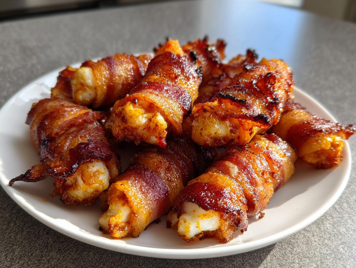 A close-up of several perfectly cooked, crispy bacon wrapped shrimp piled on a white plate.