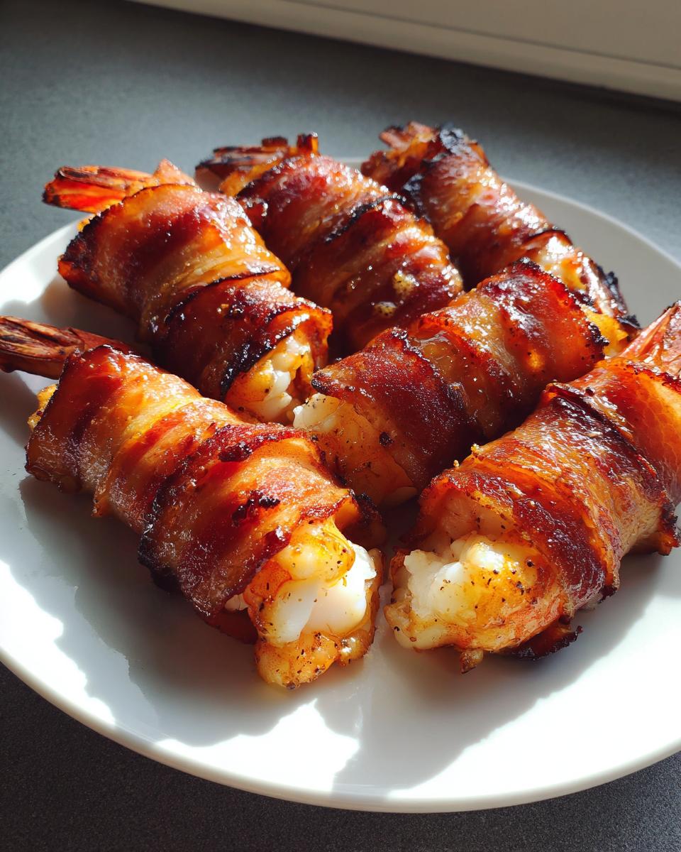 A close-up of several perfectly cooked bacon wrapped shrimp arranged on a white plate, showing crispy bacon and juicy shrimp.