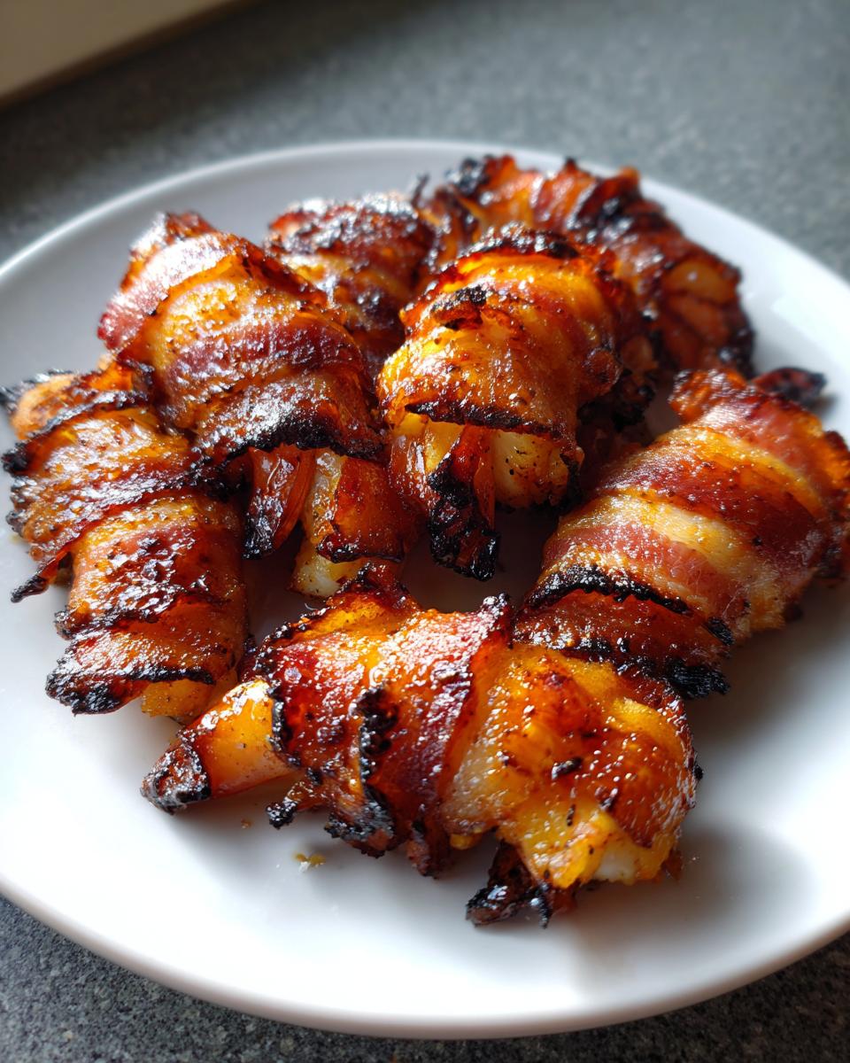Close-up of several perfectly cooked bacon wrapped shrimp with a sticky, caramelized glaze served on a white plate.