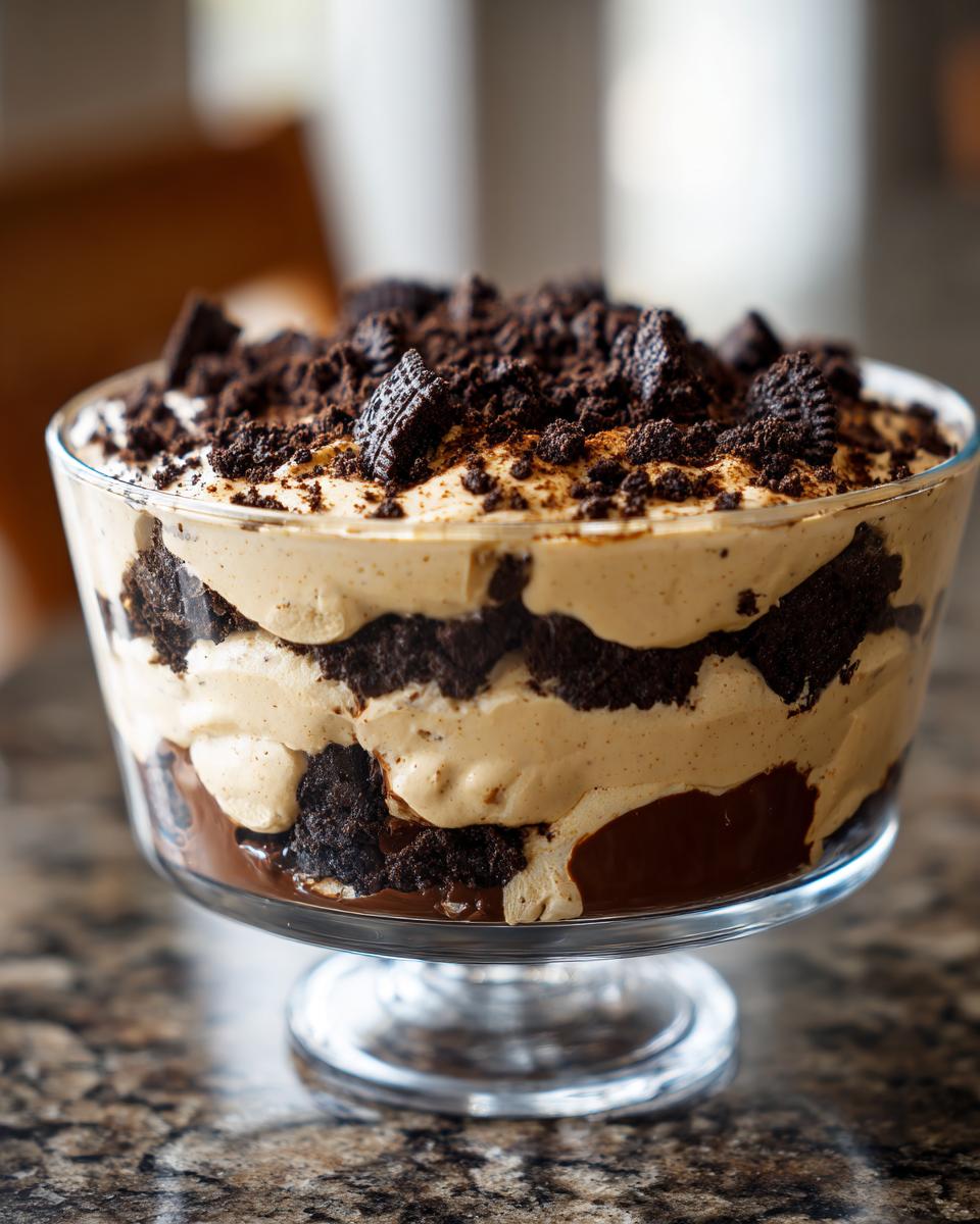 A layered Baileys Chocolate Cheesecake Trifle featuring chocolate cake, creamy filling, and crushed cookies in a glass trifle bowl.