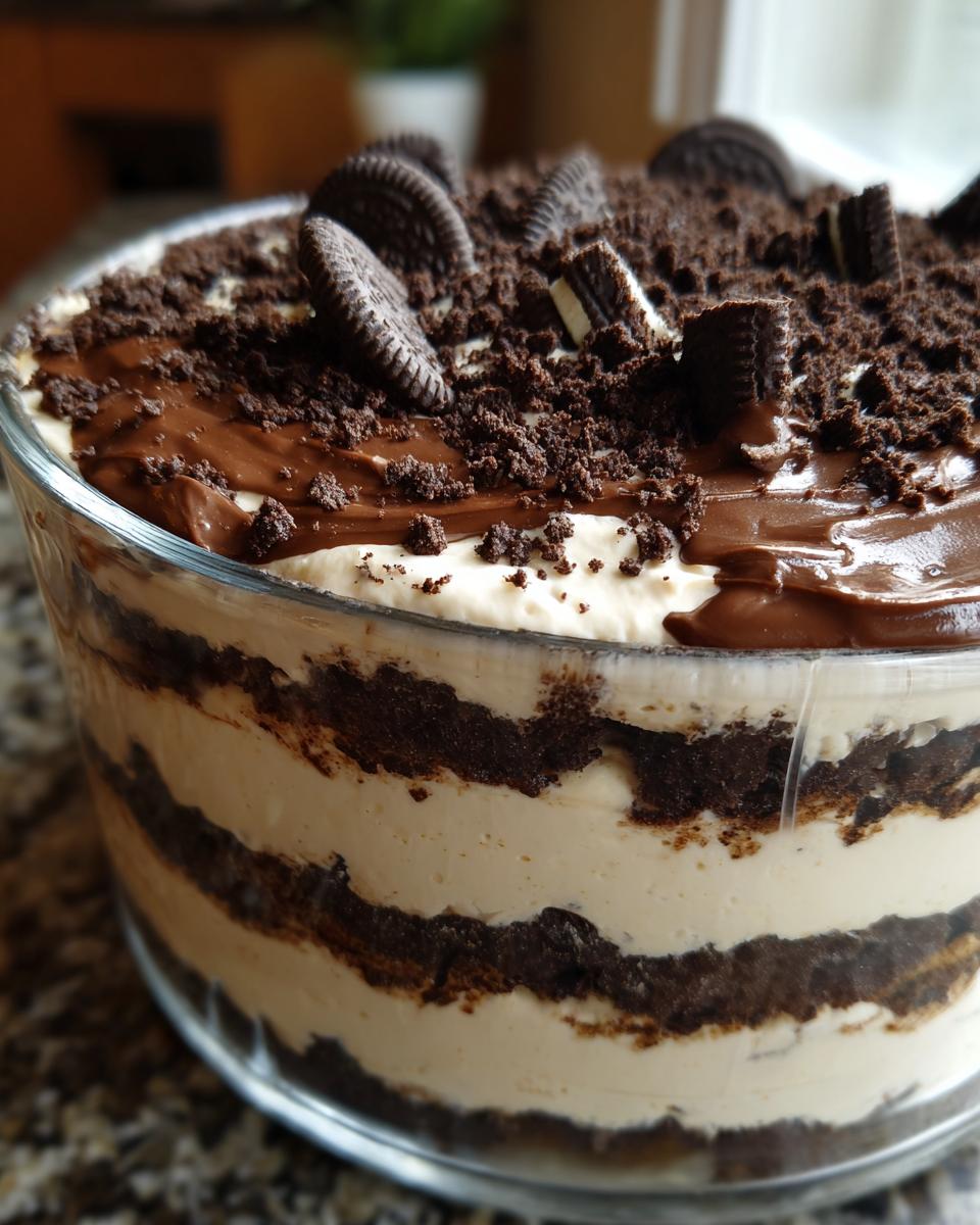 Close-up of a Baileys Chocolate Cheesecake Trifle layered with cream, chocolate, and Oreo crumbs in a clear glass bowl.
