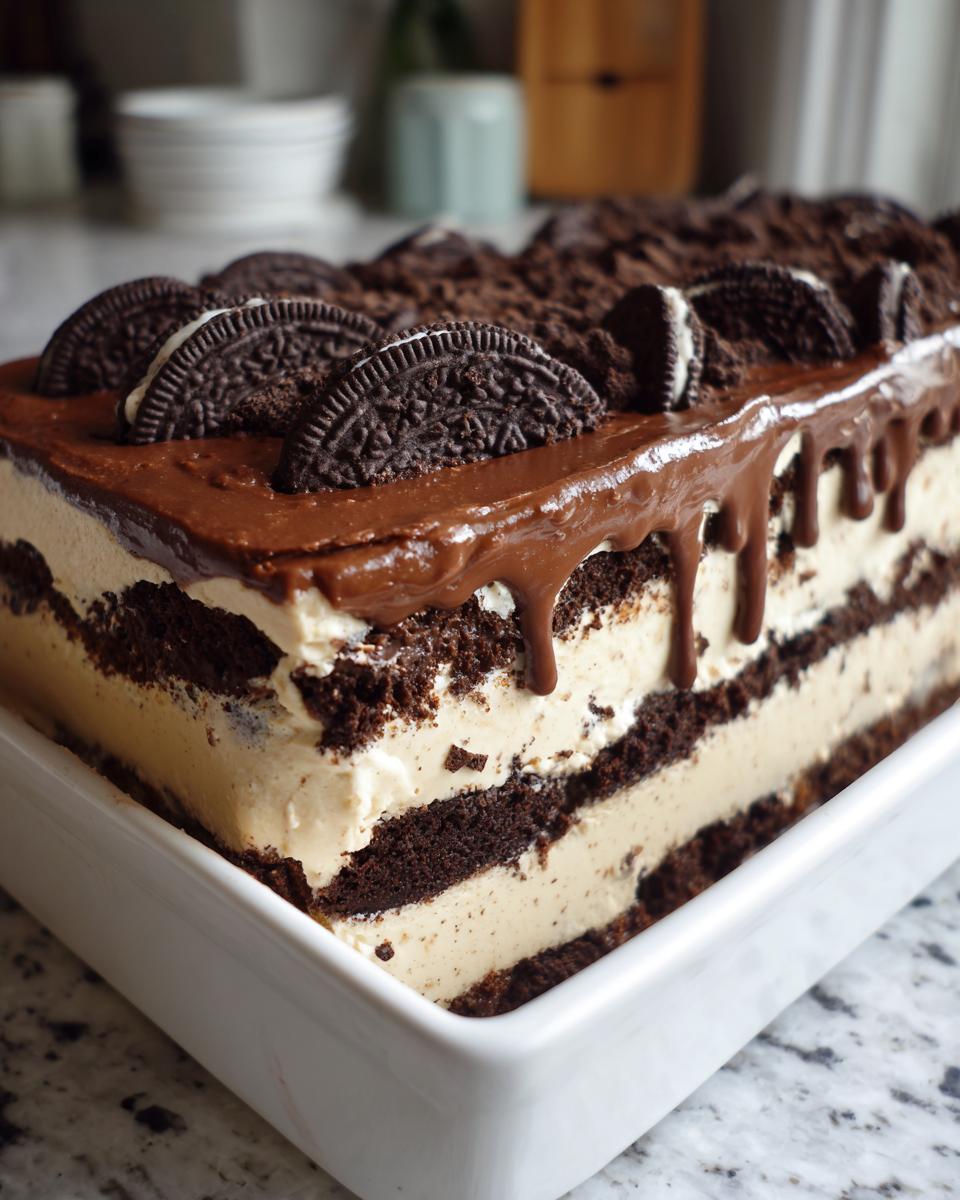 A close-up of a decadent Baileys Chocolate Cheesecake Trifle layered with chocolate cake, cream filling, and topped with chocolate ganache and Oreos.