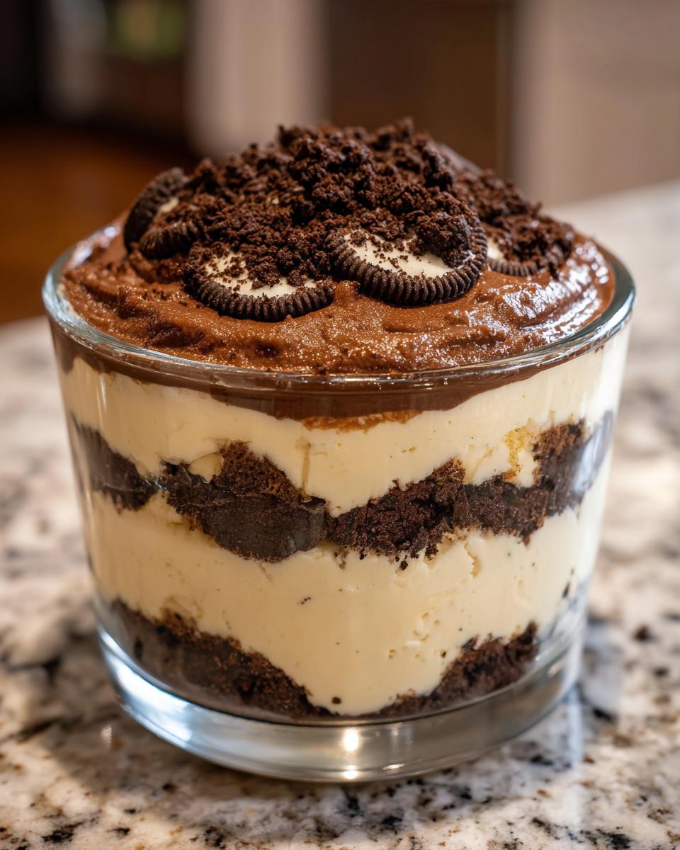 A layered Baileys Chocolate Cheesecake Trifle featuring cream, chocolate cake, and topped with crushed cookies.