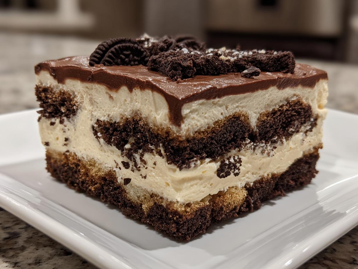 A decadent slice of Baileys Chocolate Cheesecake Trifle showing layers of cream, chocolate cake crumbs, and topped with chocolate ganache and cookies.