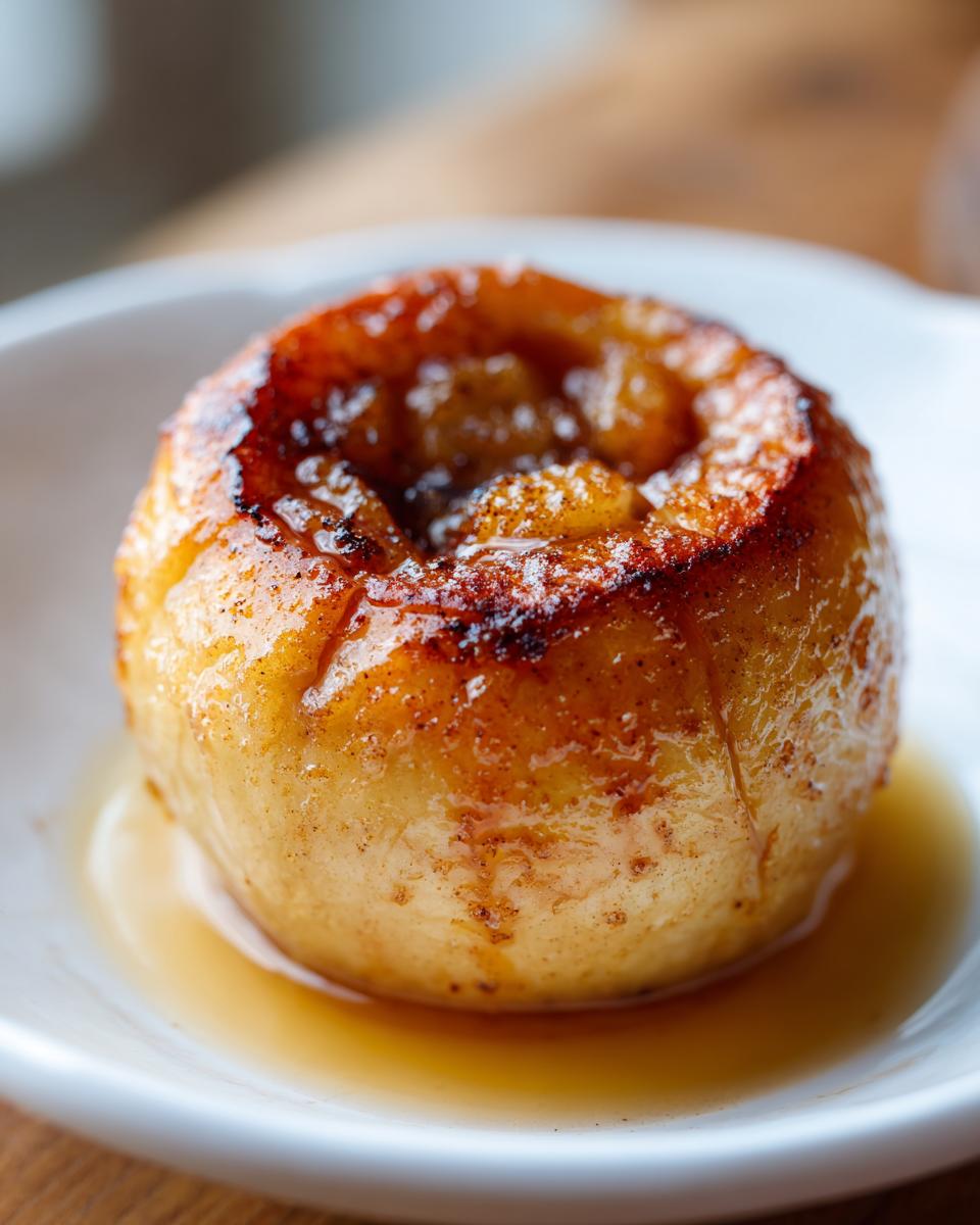 Close-up of a single, golden brown baked apples dessert sitting in a pool of sweet syrup on a white plate.