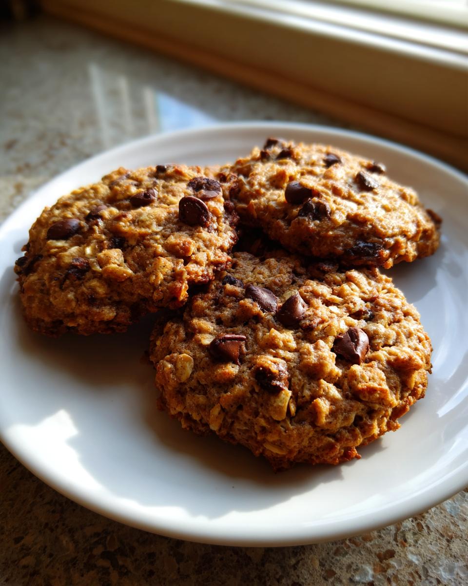 Three freshly baked banana oatmeal cookies loaded with chocolate chips resting on a white plate.