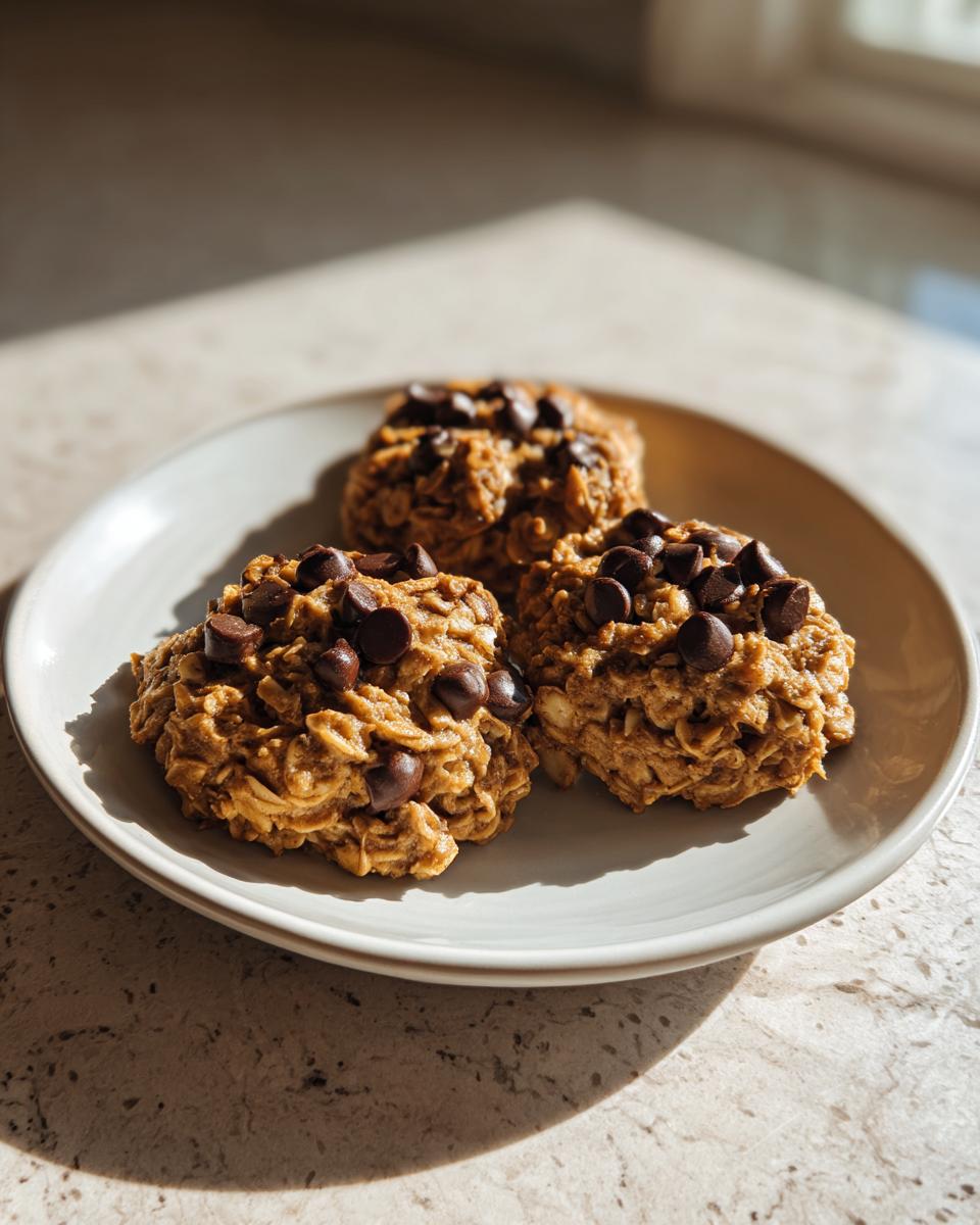 Three freshly baked banana oatmeal cookies topped with chocolate chips resting on a light gray plate.