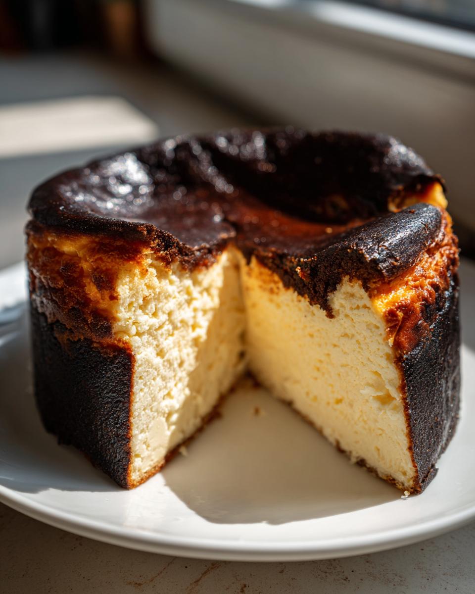 A whole basque burnt cheesecake with a slice removed, showing the creamy interior and dark caramelized top.