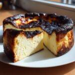 A creamy slice cut from a whole basque burnt cheesecake, showing the dark caramelized top and light interior.