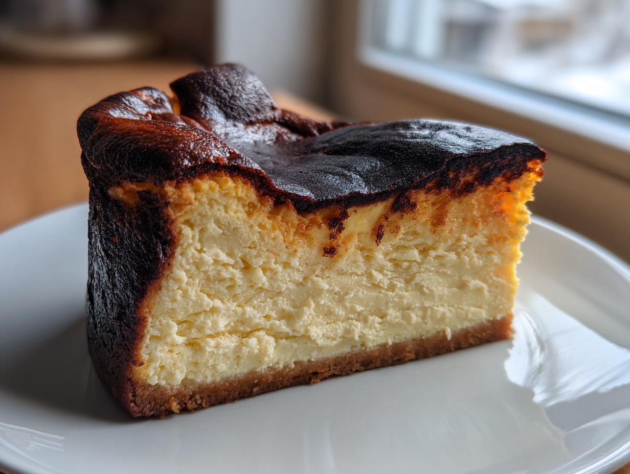 A close-up of a thick slice of basque burnt cheesecake showing the creamy interior and deeply caramelized, dark top.