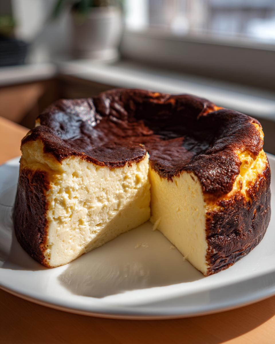 A creamy, interior slice of basque burnt cheesecake showing its signature dark, caramelized top.