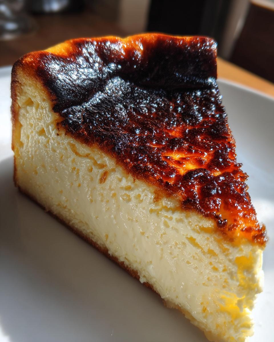 A close-up slice of creamy Basque cheesecake showing its signature dark, caramelized top.