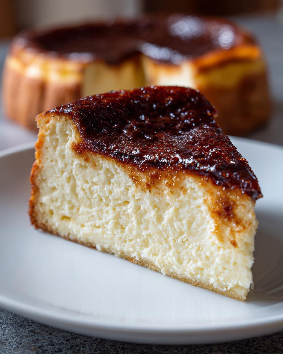 A thick slice of creamy Basque cheesecake with a dark, caramelized top resting on a white plate.