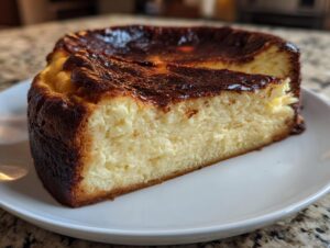 A slice of creamy Basque cheesecake showing its signature dark, caramelized top and soft interior.