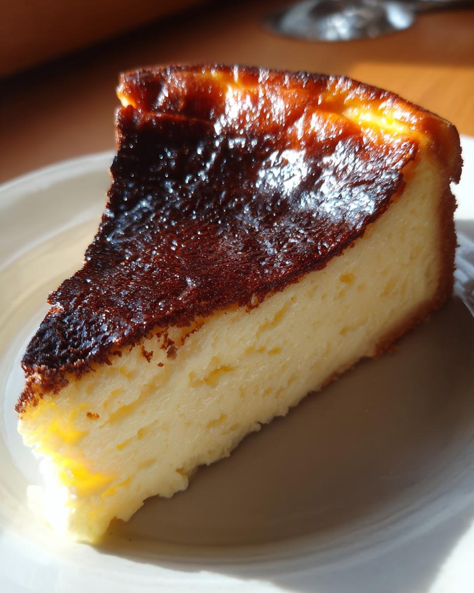 A close-up slice of Basque cheesecake showing its creamy interior and signature dark, caramelized top.