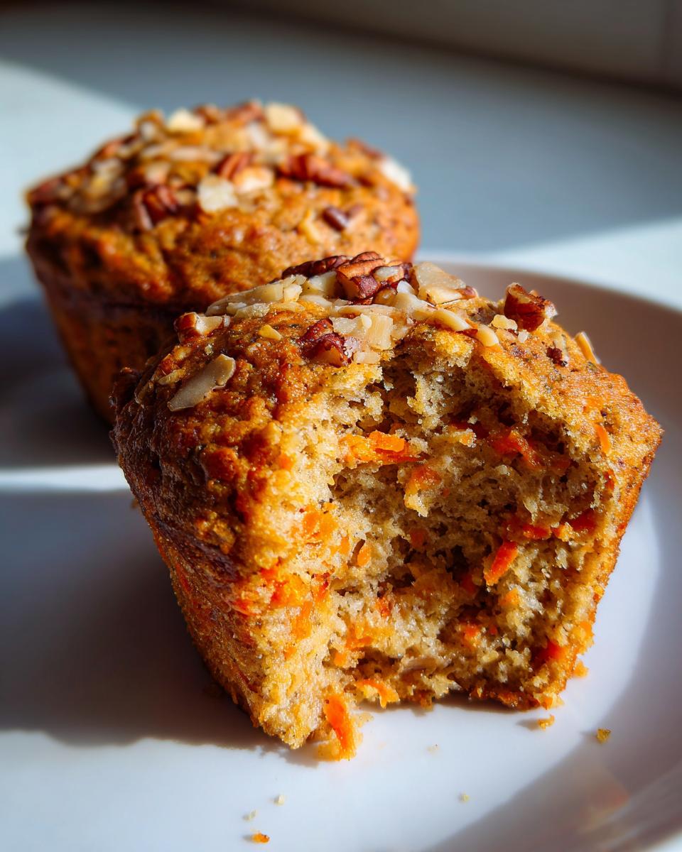 A close-up of a morning glory muffin with a bite taken out, revealing shredded carrots inside, topped with pecans and almonds.
