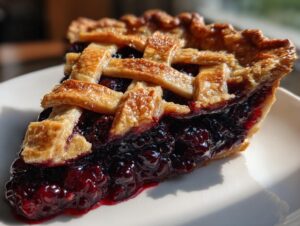 Close-up of a juicy slice of blackberry pie featuring a golden lattice crust and rich, dark berry filling.