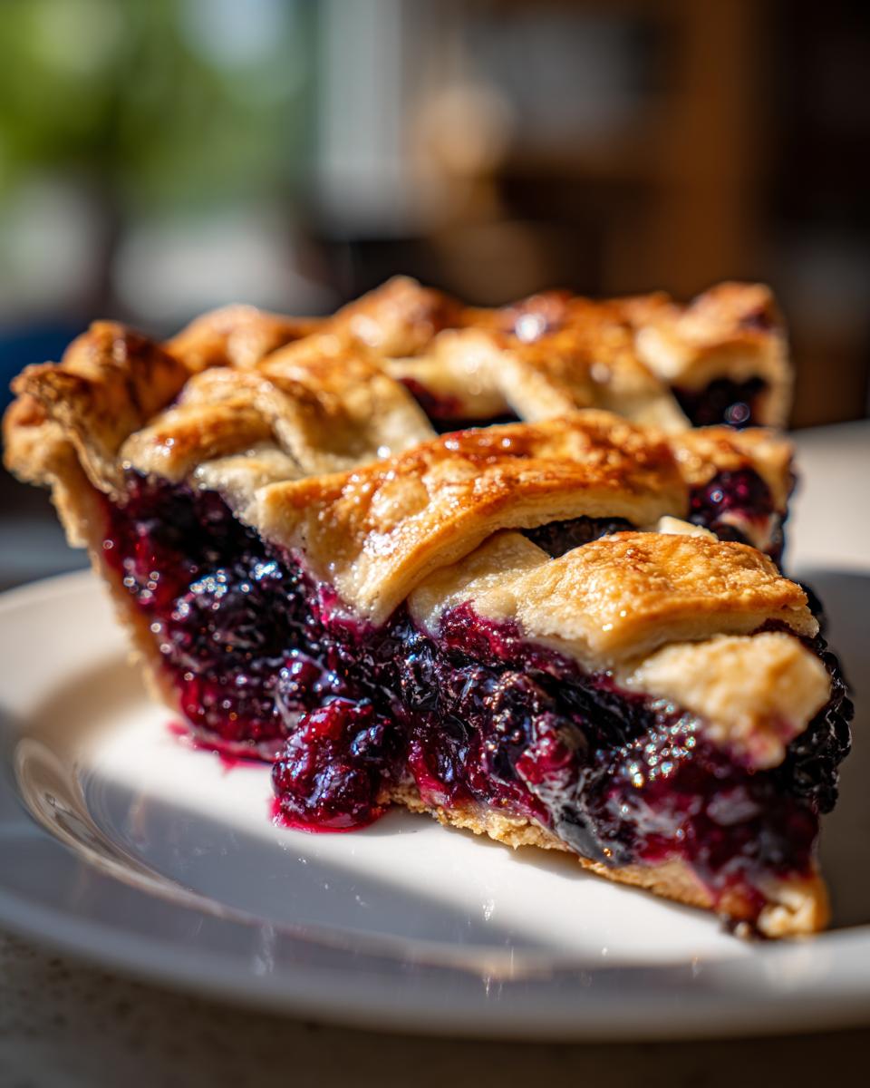 Close-up of a thick slice of blackberry pie showing the dark, juicy filling and golden lattice crust.