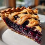 Close-up of a juicy slice of blackberry pie showing the thick, dark berry filling and golden lattice crust.