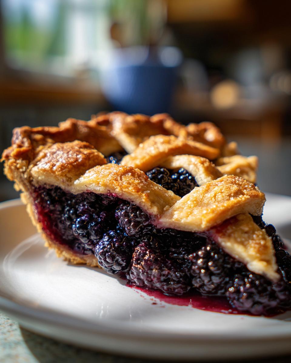 Close-up of a juicy slice of blackberry pie showing a thick filling and golden lattice crust.