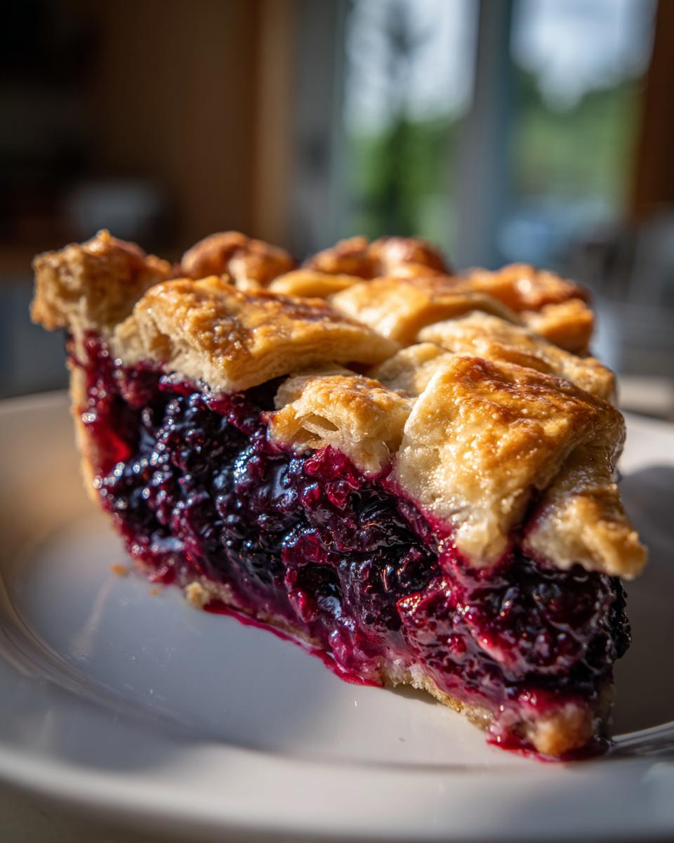 Close-up of a juicy slice of blackberry pie showing the dark filling and golden lattice crust on a white plate.