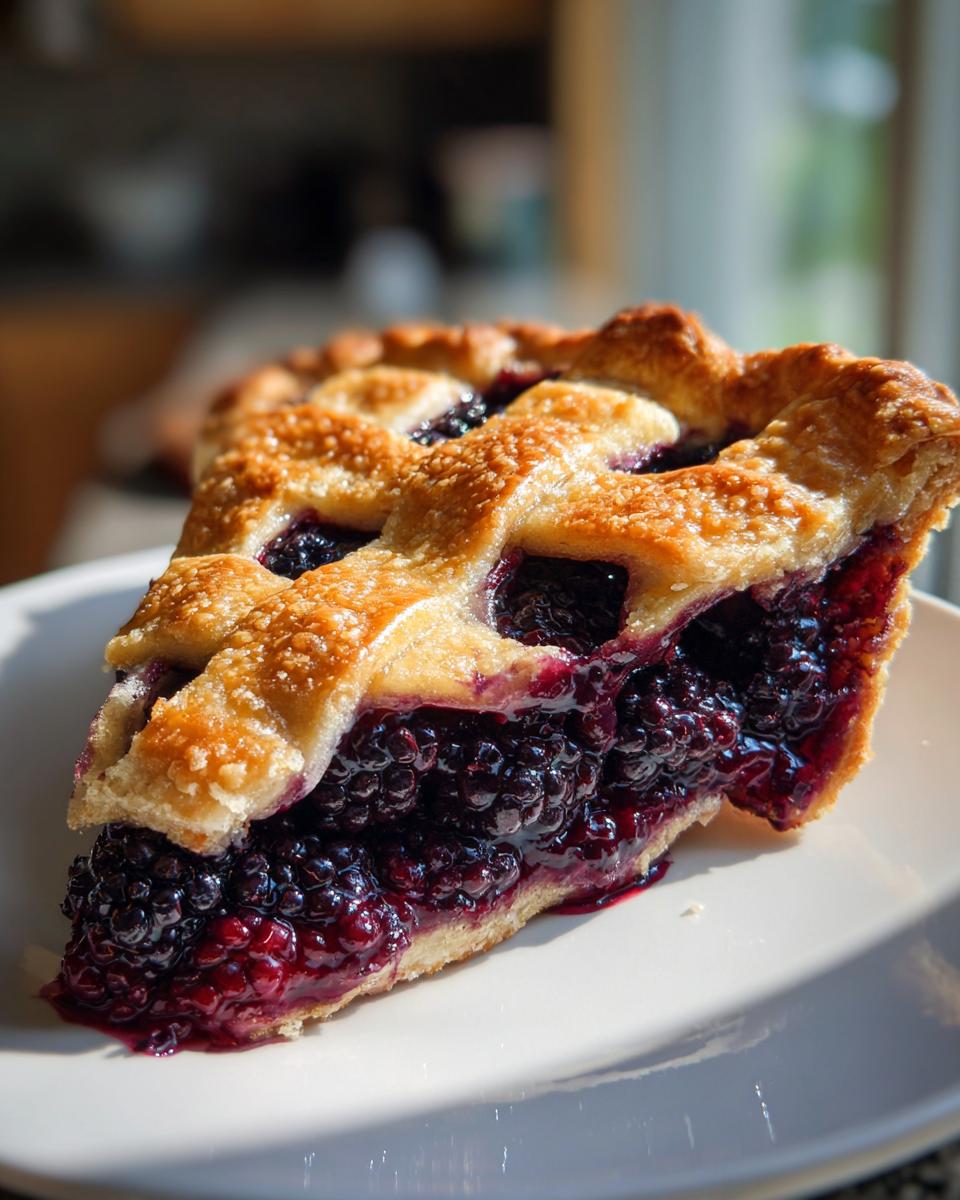 A close-up of a thick slice of blackberry pie showing a juicy, dark filling and a golden lattice crust.