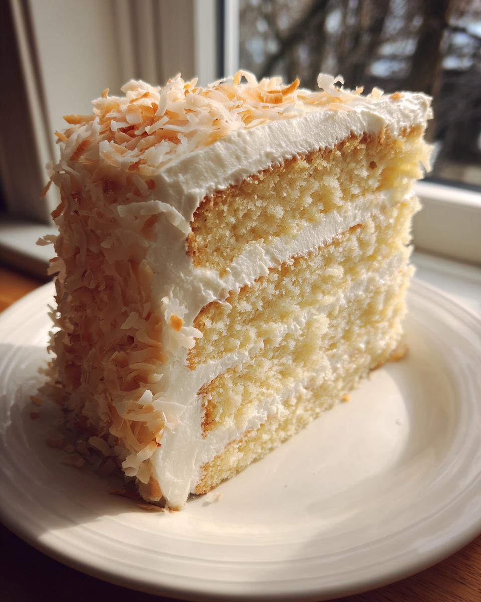 A tall slice of homemade coconut cake recipe with white frosting and toasted coconut flakes.