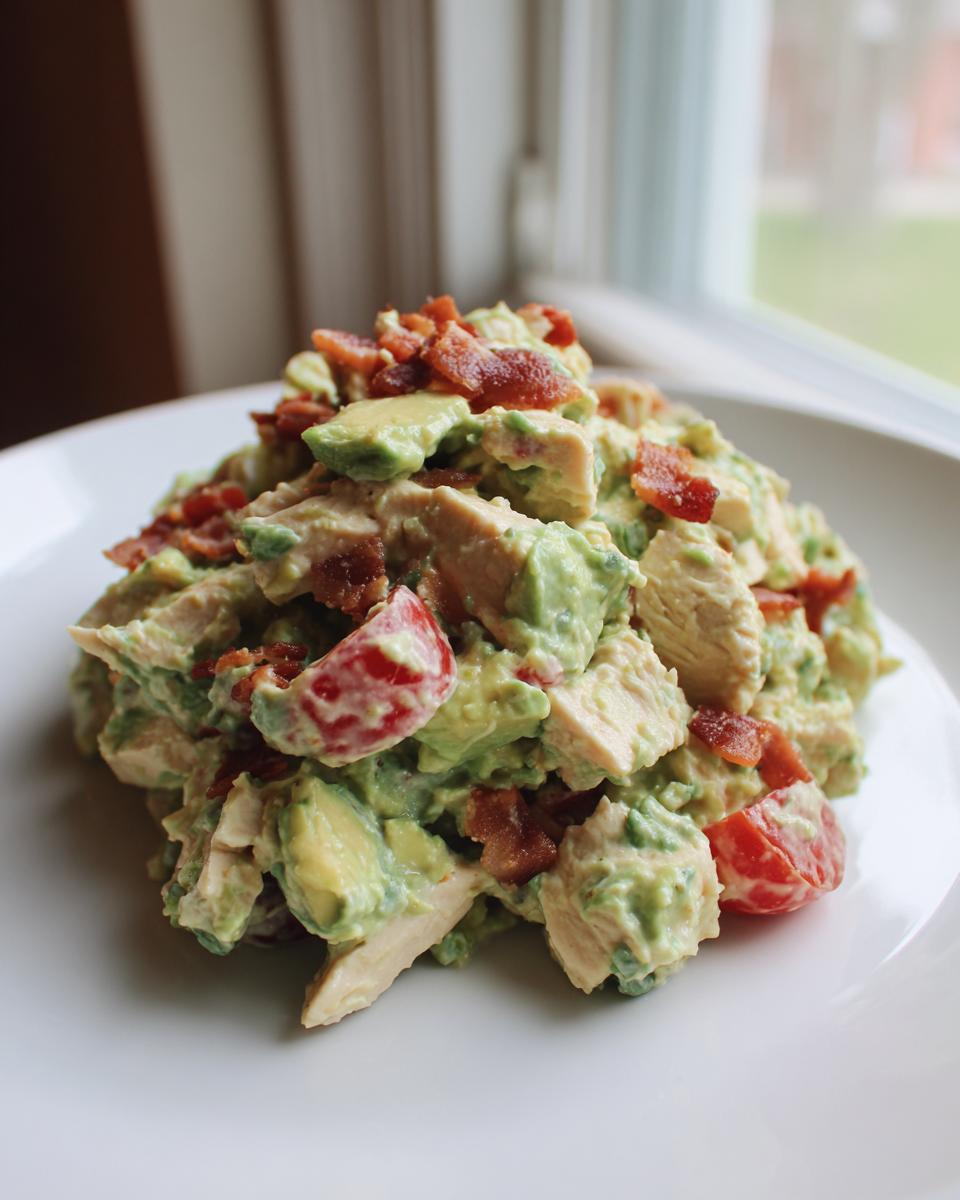 Close-up of a mound of creamy blt chicken salad mixed with chunks of avocado, tomato, and topped with crispy bacon bits.