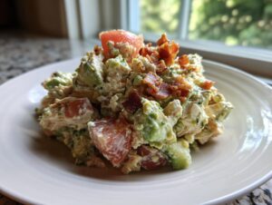 A generous scoop of creamy blt chicken salad mixed with chunks of avocado and tomato, topped with crispy bacon bits.
