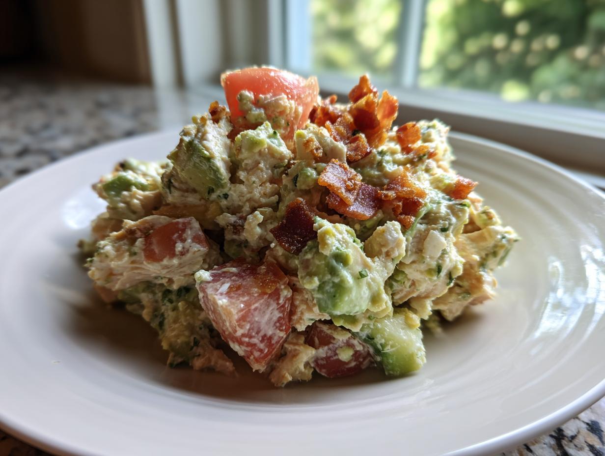 A generous scoop of creamy blt chicken salad mixed with chunks of avocado and tomato, topped with crispy bacon bits.