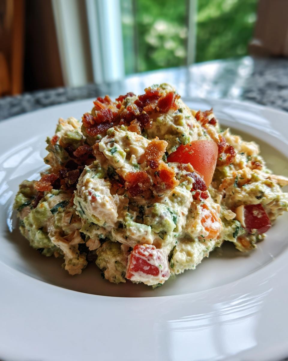 A scoop of creamy blt chicken salad mixed with avocado and tomato, generously topped with crispy bacon bits.