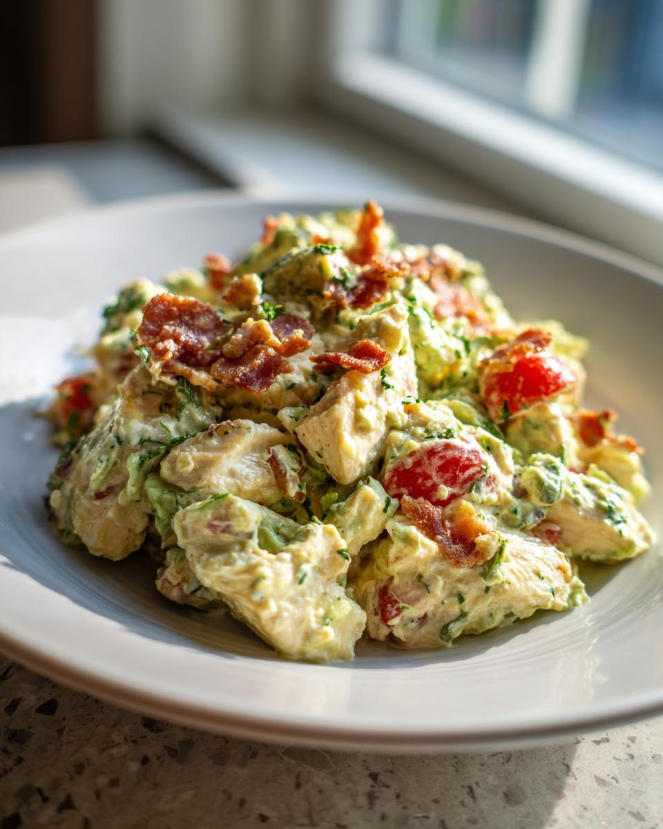 Close-up of a creamy blt chicken salad featuring chunks of chicken, cherry tomatoes, and crispy bacon pieces.