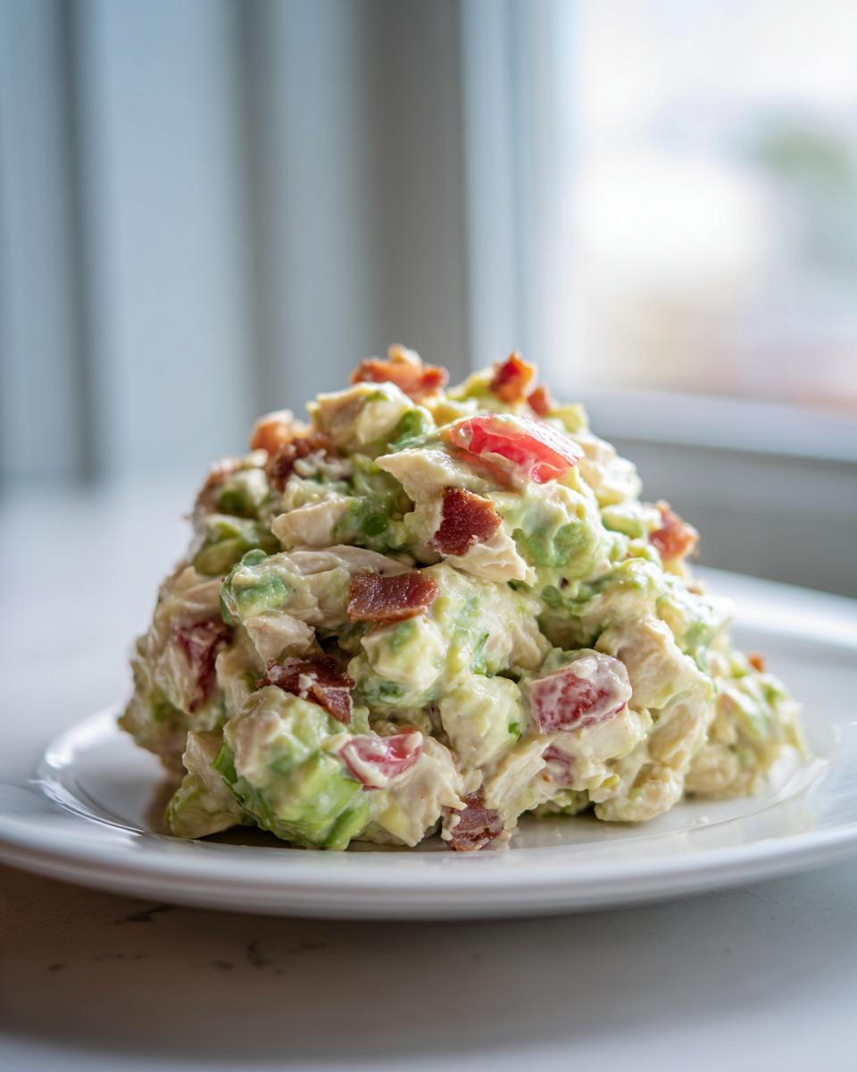 A mound of creamy blt chicken salad featuring chunks of chicken, avocado, tomato, and bacon bits, served on a white plate.