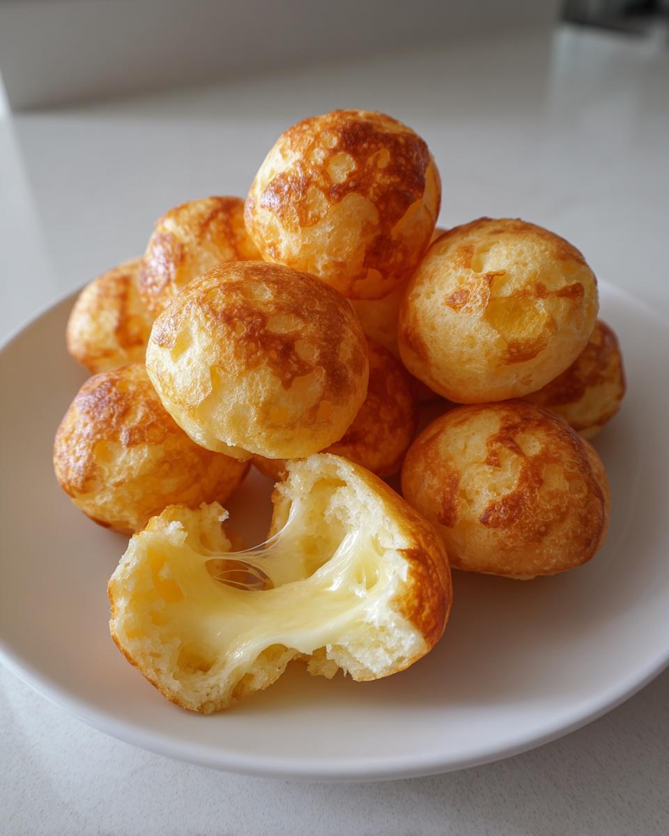 Close-up of golden baked brazilian cheese bread, one piece broken open showing gooey, melted cheese stretching.