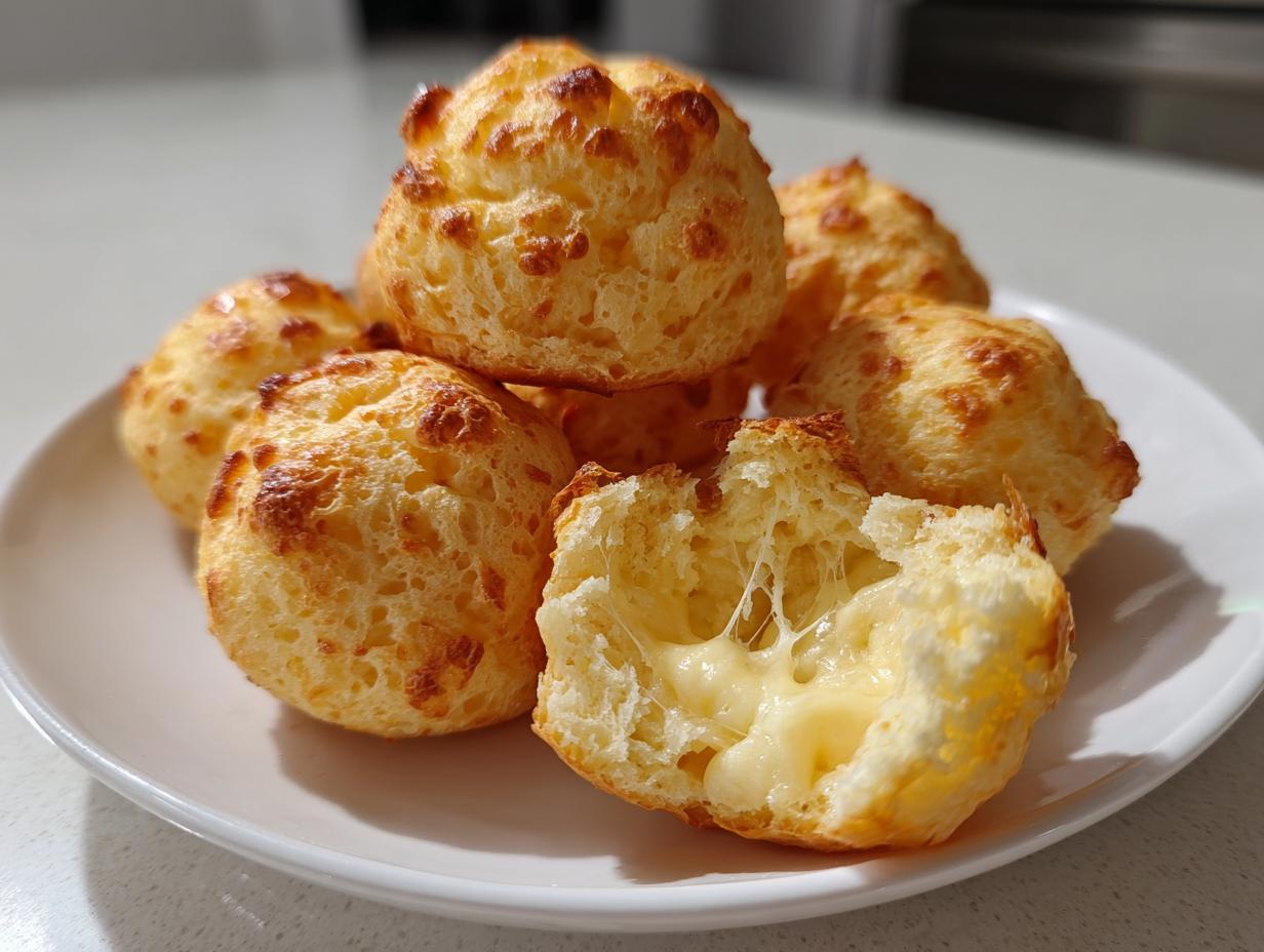 Close-up of golden Brazilian cheese bread, one broken open showing a gooey, melted cheese pull.