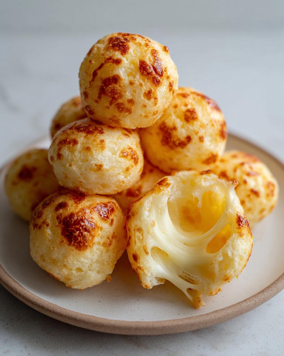 A stack of golden Brazilian cheese bread, with one broken open showing a dramatic, gooey cheese pull inside.