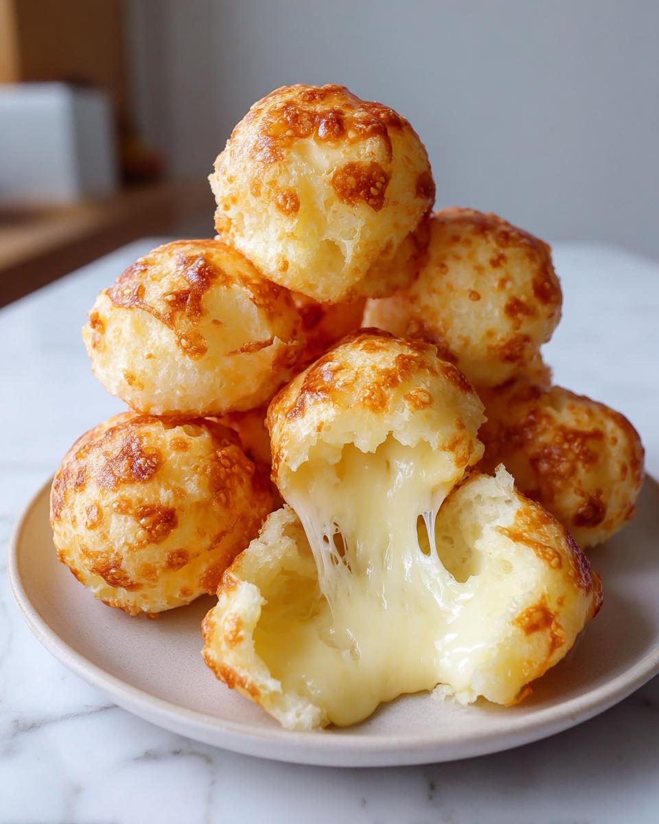 A stack of golden Brazilian cheese bread puffs with one broken open showing gooey, melted cheese stretching out.
